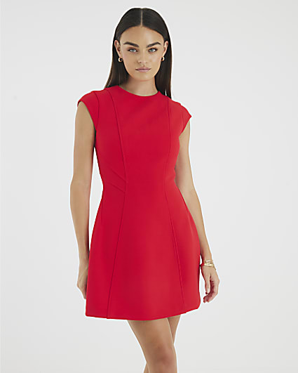 Red contoured cap sleeve mini shift dress