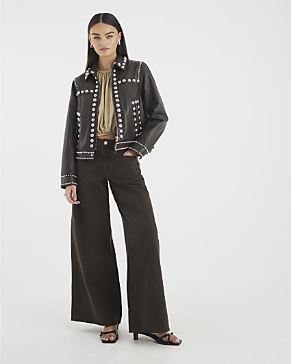 Brown Mid Rise Baggy Wide Leg Jeans