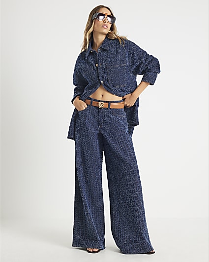Blue Boucle Baggy Wide Leg Jeans