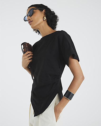 Black Short Sleeve Drape Side T-shirt