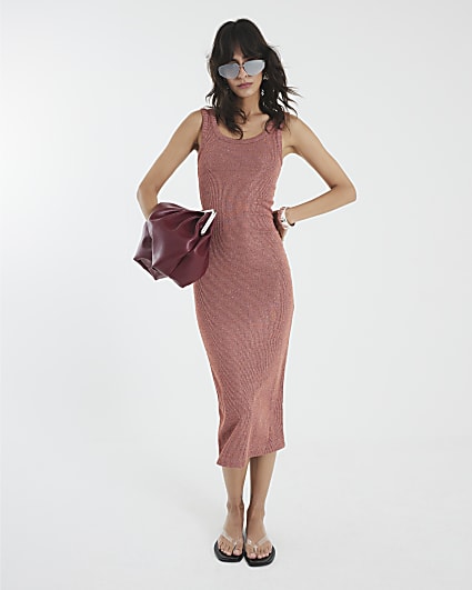 Orange Sleeveless Metallic Midi Dress