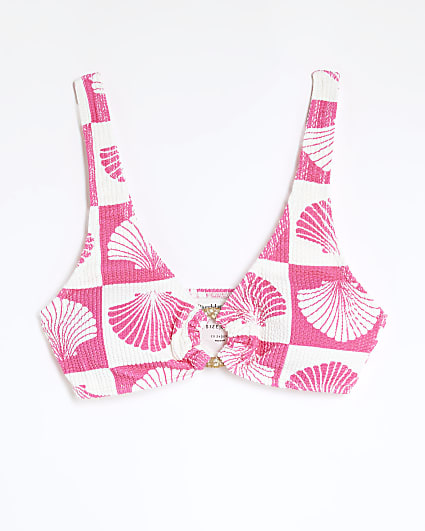 Pink Shell Print Textured Cami Bikini Top