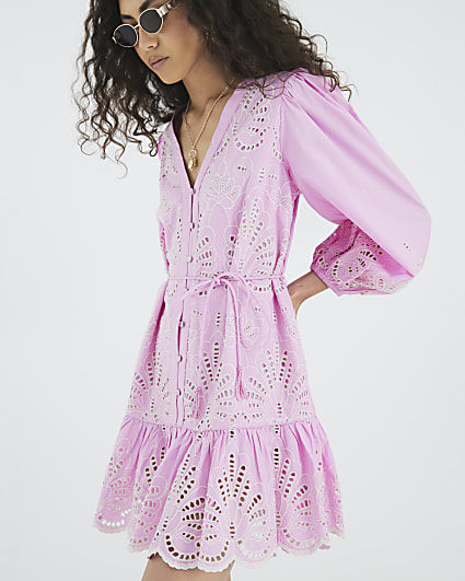 Pink Long Sleeve Cutwork Mini Shirt Dress