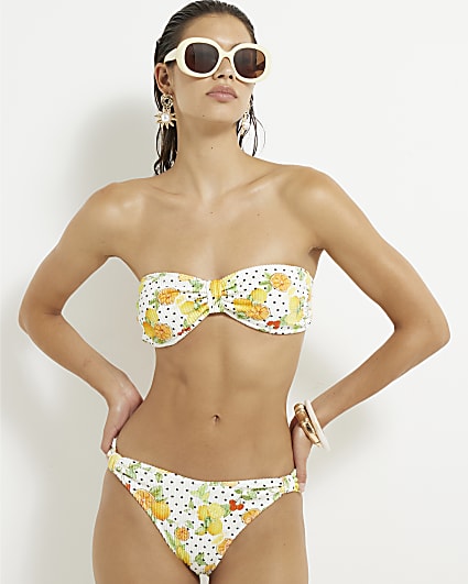 White Fruit Print Textured Bandeau Bikini Top