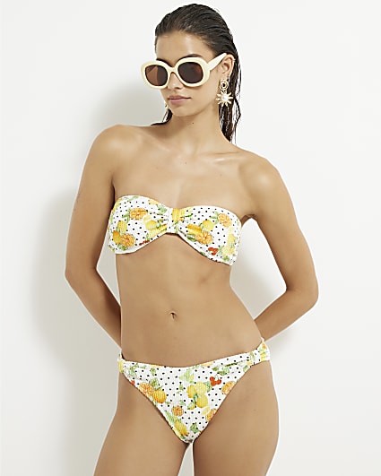 White Fruit Print Textured Bikini Bottoms