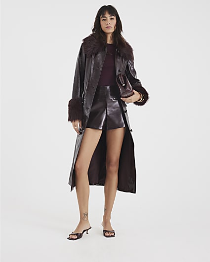 Red Faux Fur Trim Belted Trench Coat