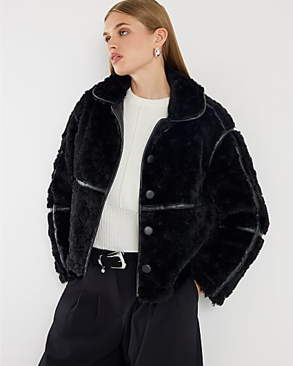 Black Faux Leather Seam Detail Borg Jacket
