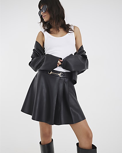 Black Faux Leather Snaffle Trim Mini Skirt