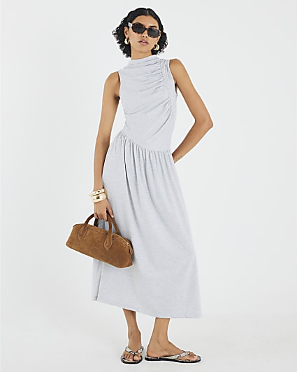 Grey Sleeveless Gathered Midi Dress