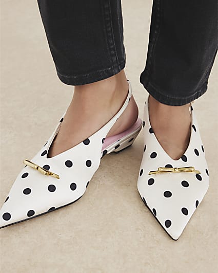 White Polka Dot Pointed Slingback Shoes
