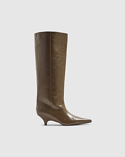 Khaki Curved Heel Knee High Boots