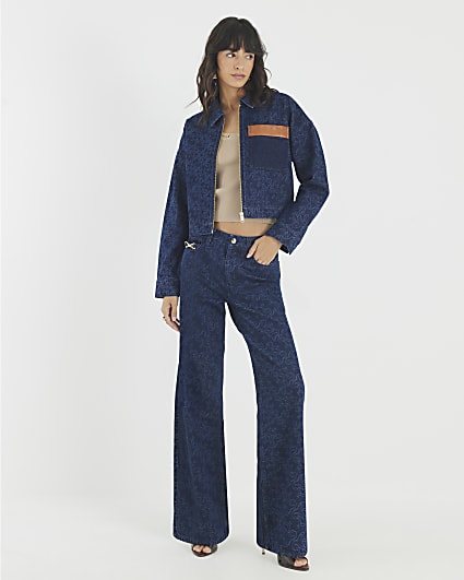 Blue Relaxed Straight Monogram Print Jeans