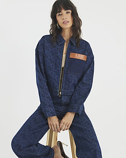 Blue Denim Monogram Print Jacket