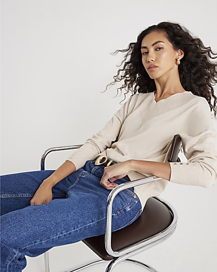 Beige Knitted High V Neck Jumper