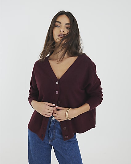 Red V-neck button Cardigan