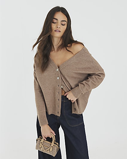 Brown V-Neck button Cardigan
