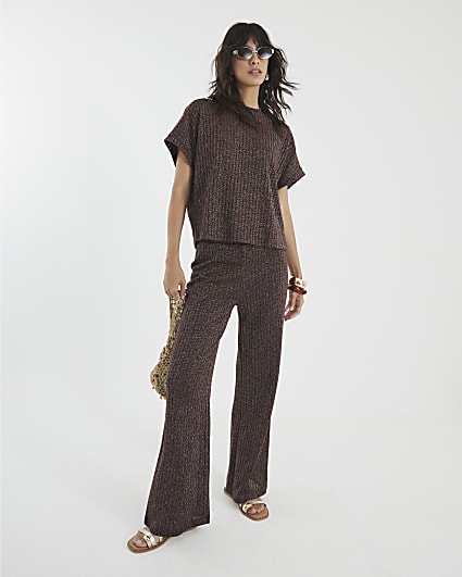 Brown Lurex Ribbed Wide Leg Trousers