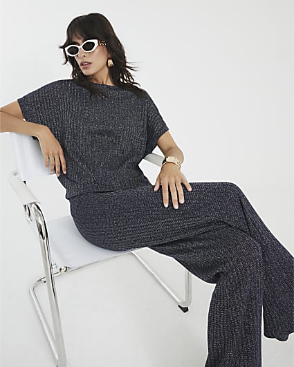 Navy Lurex Ribbed Wide Leg Trousers