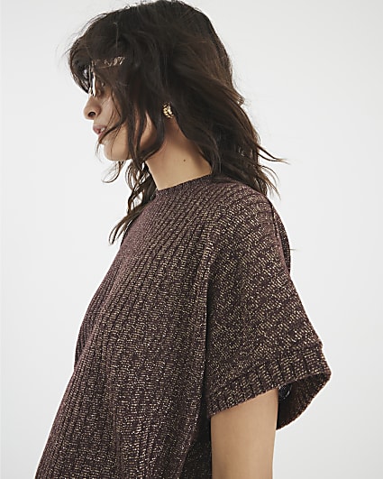 Brown Lurex Ribbed T-Shirt