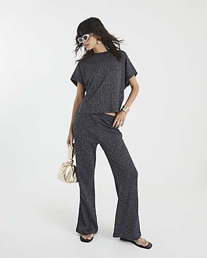 Navy Lurex Ribbed T-Shirt