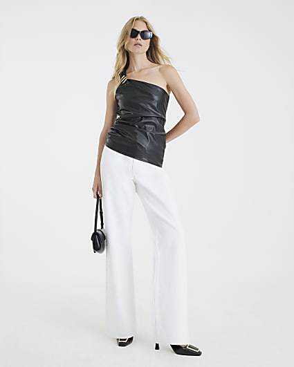 Black Asymmetrical Gold Metal Trim Top