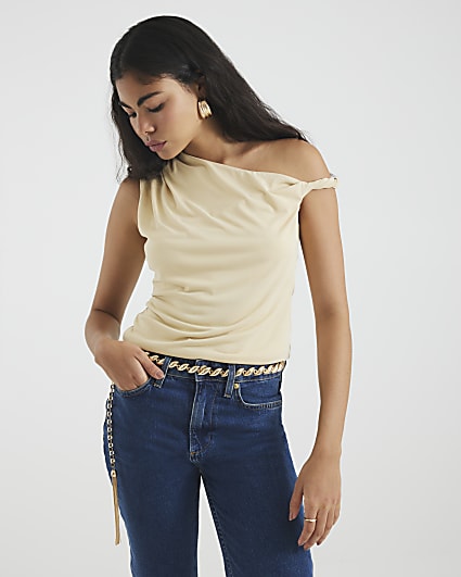 Beige Sleeveless Drape Twist Top