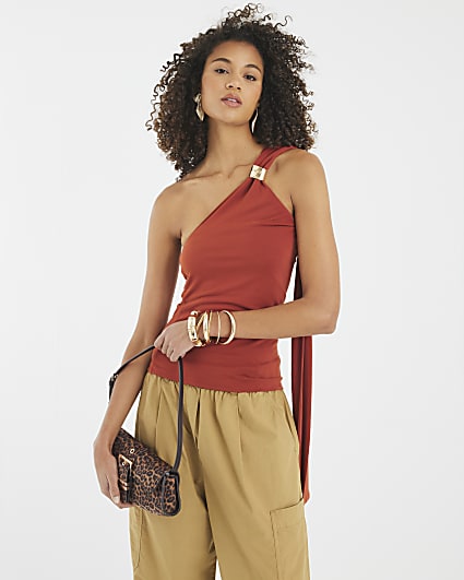 Red Sleeveless Scarf Neck Top