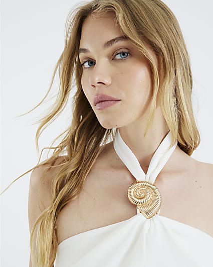 White Shell Detail Halter Neck Midi Dress