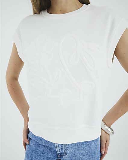 White Sleeveless Embossed Sweatshirt Top