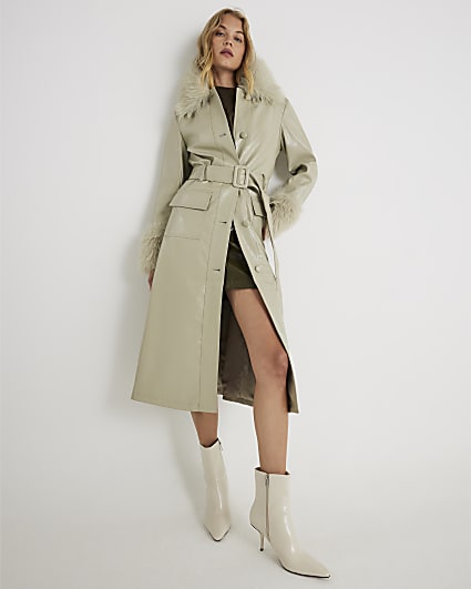 Green Faux Leather Fur Trim Trench Coat