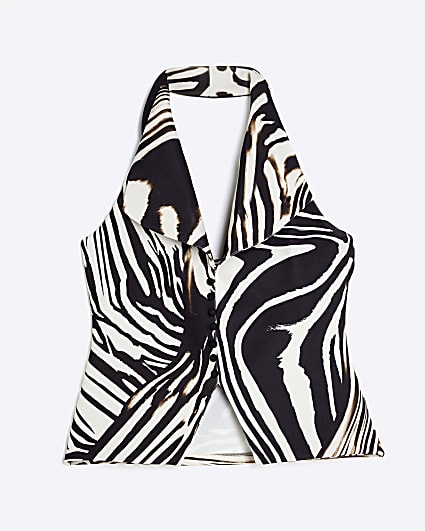 Petite Brown Zebra Print Halterneck Waistcoat