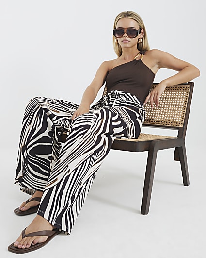 Petite Brown Zebra Print Wide Leg Trousers
