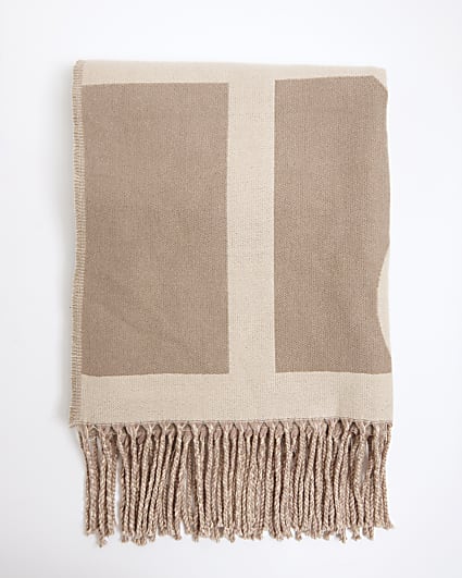 Cream Bold Monogram Print Fringed Scarf