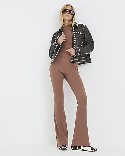 Beige High Waisted Ribbed Flare Leggings