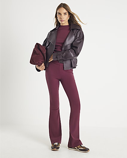 Red High Waisted Ribbed Flared Leggings