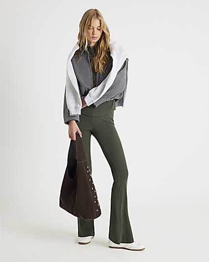 Green High Waisted Ribbed Flare Leggings