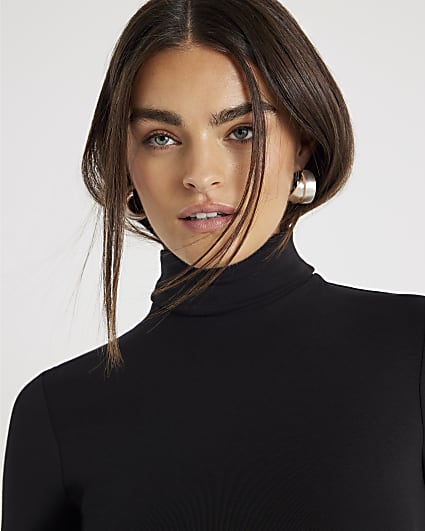 Black Long Sleeve Roll Neck Top