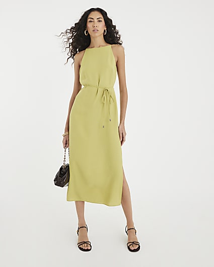 Green Tie Front Midi Slip Dress