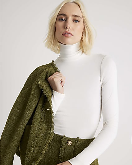 White Long Sleeve Roll Neck Top