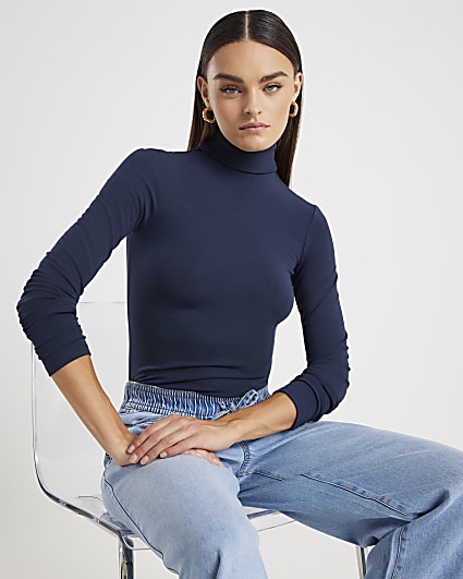 Navy Long Sleeve Roll Neck Top