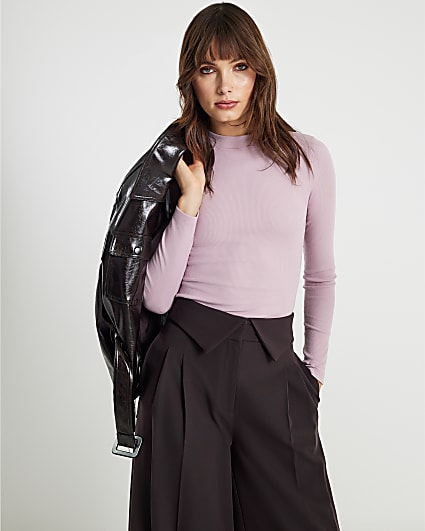 Pink Long Sleeve Ribbed Crew Neck Top