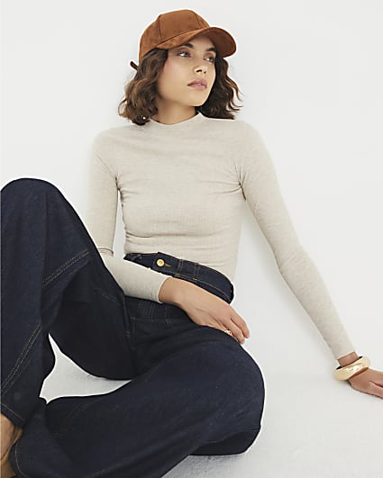 Beige Long Sleeve Ribbed Crew Neck Top