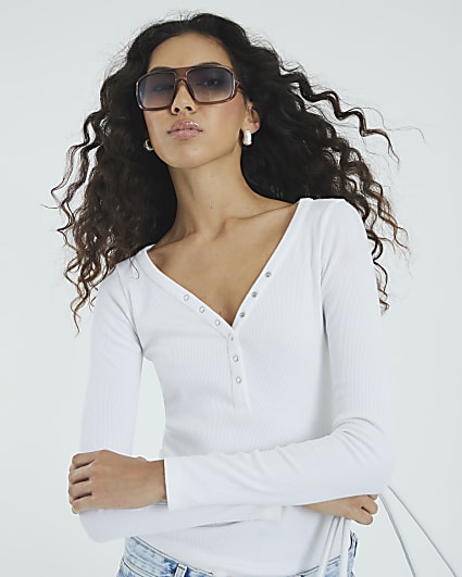 White Long Sleeve Popper V Neck Ribbed Top