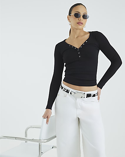 Black Long Sleeve Popper V Neck Ribbed Top