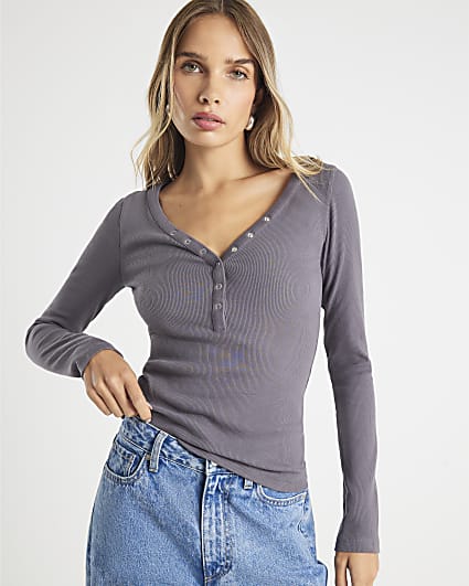Grey Long Sleeve Popper V Neck Ribbed Top