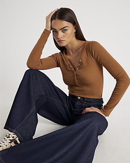 Beige Long Sleeve Popper V Neck Ribbed Top
