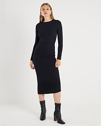 Black Long Sleeve Ribbed Midi Dress