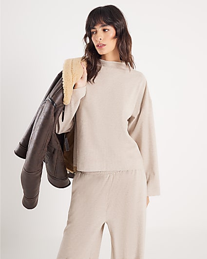 Beige Long Sleeve Brushed High Neck Top