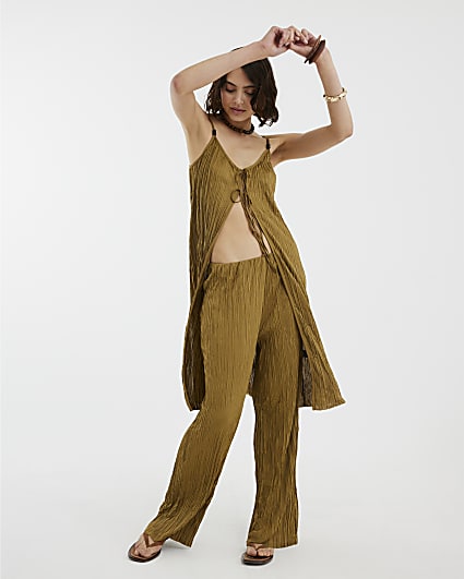 Khaki Plisse Wide Leg Trousers