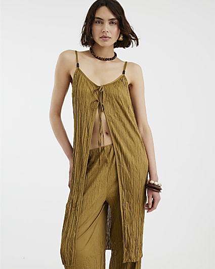 Khaki Plisse Longline Tie Front Cami Top